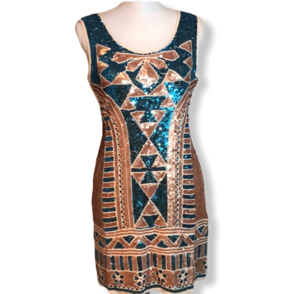 Incredible blue tan sequin dress cocktail holiday